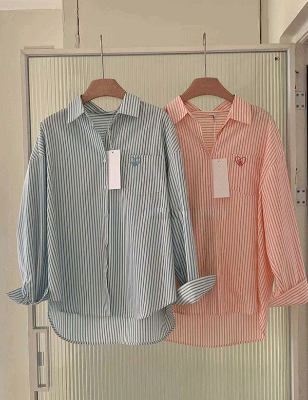 핑투 자수 스트라이프 셔츠 (2color)
